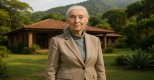 Dr. Jane Goodall sitting in Tanzania’s Gombe rainforest, observing wild chimpanzees at golden hour