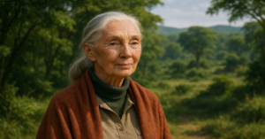 Dr. Jane Goodall sitting in Tanzania’s Gombe rainforest, observing wild chimpanzees at golden hour