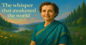 Rachel Carson, environmentalist and author of Silent Spring, standing near a shoreline with binoculars