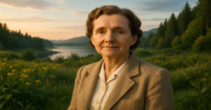 Rachel Carson, environmentalist and author of Silent Spring, standing near a shoreline with binoculars