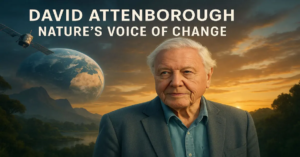 David Attenborough speaking against a backdrop of wildlife and climate change imagery