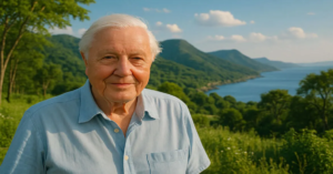 David Attenborough speaking against a backdrop of wildlife and climate change imagery
