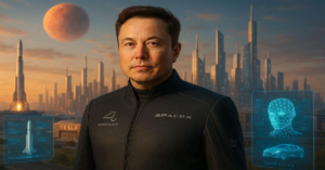 Elon Musk in 2025 wearing a futuristic tech suit, standing in front of a SpaceX launchpad and Tesla factory