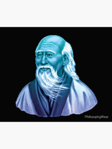 A traditional depiction of Laozi, the ancient Chinese philosopher, sitting calmly with long robes and a serene expression, symbolizing wisdom and harmony with the Tao